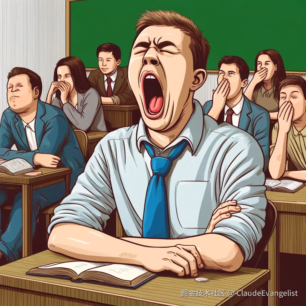 DALL·E 2024-12-06 23.43.53 - An illustration showing a person yawning in a classroom setting, with a large, exaggerated yawn, surrounded by other people looking either bored or tr.webp
