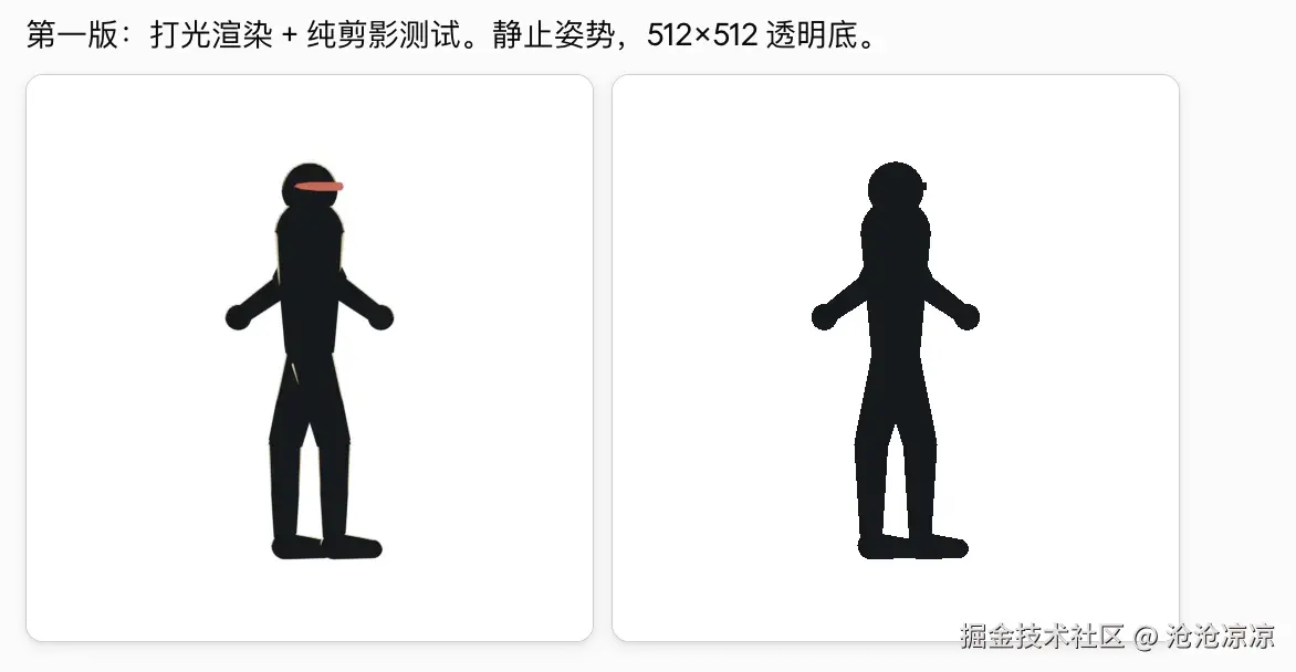 Claude 建模的第一版结果，512×512 透明底的打光渲染和纯剪影两张图，人物上半身糊成一坨，头盔和肩膀完全重叠没有脖子