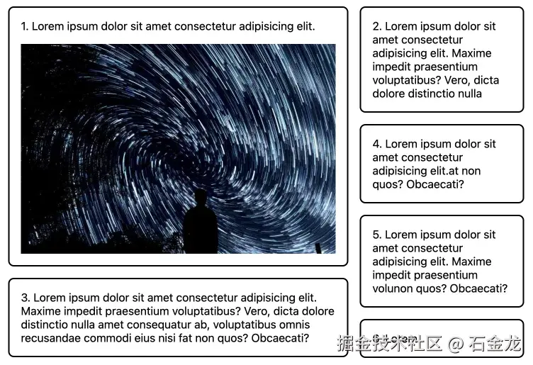 一个完整的砌砖布局，含六个项。第一和第三项占了前两列，第二、第四、第五和第六项则排到第三列。
