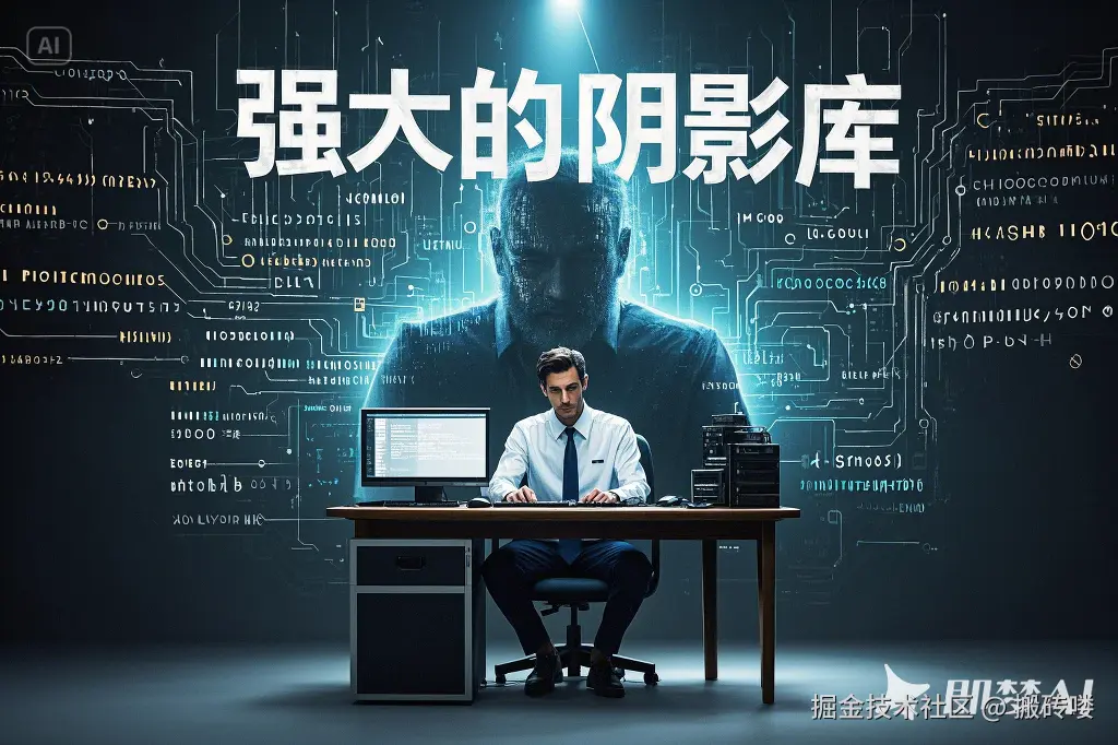 一位程序员坐在电脑旁“强大的阴影库”.png