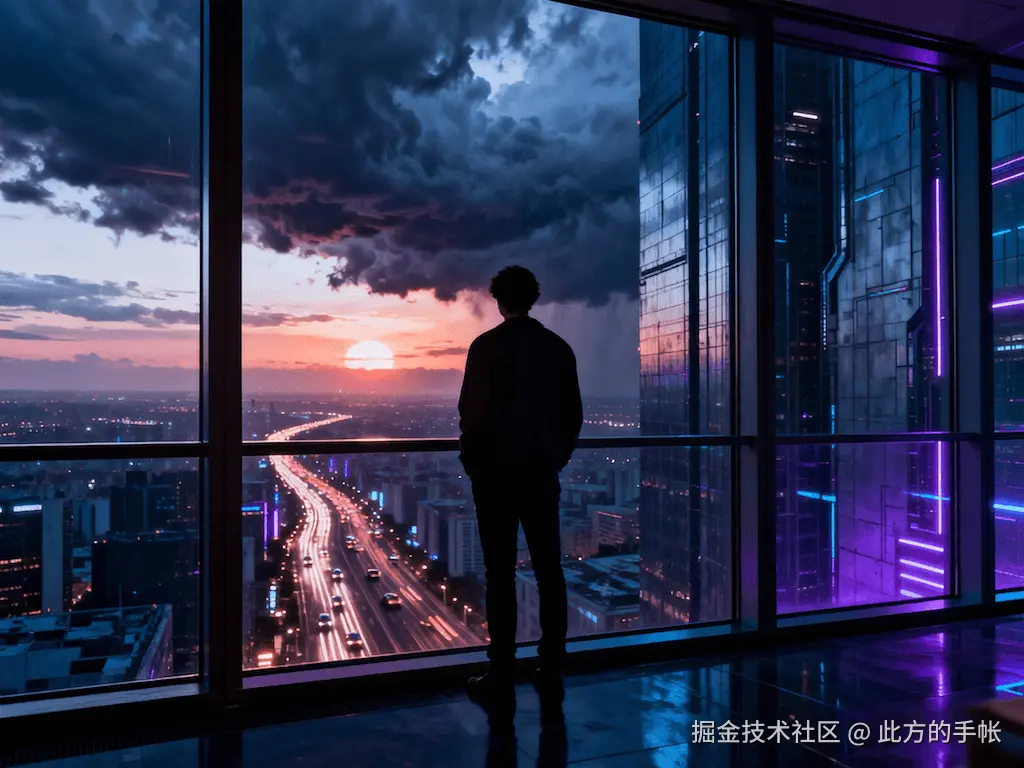 jimeng-2025-12-09-2436-一个人孤独地站在高楼的落地窗前，背影，俯瞰着下面繁忙但渺小的城市车流，夕阳西下或..._cleanup.png