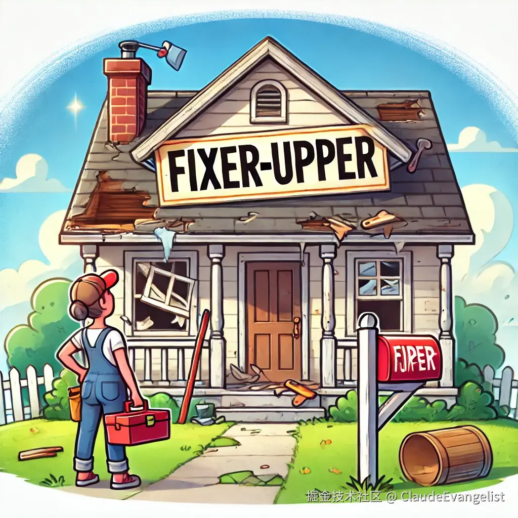DALL·E 2024-11-02 21.39.56 - Create an illustration showing a slightly run-down house labeled 'Fixer-Upper' with visible signs of needed repairs like broken windows, peeling paint.webp
