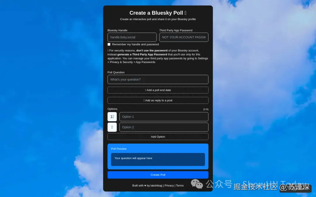 Show HN: 我开发了一个工具来在Bluesky上创建投票。 - 项目截图
