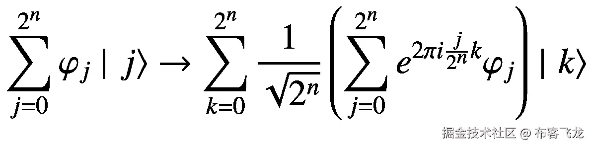 \sum \limits_{j=0}^{2^n}{\varphi}_j\mid \left.j\right\rangle \to \sum \limits_{k=0}^{2^n}\frac{1}{\sqrt{2^n}}\left(\sum \limits_{j=0}^{2^n}{e}^{2\pi i\frac{j}{2^n}k}{\varphi}_j\right)\mid \left.k\right\rangle