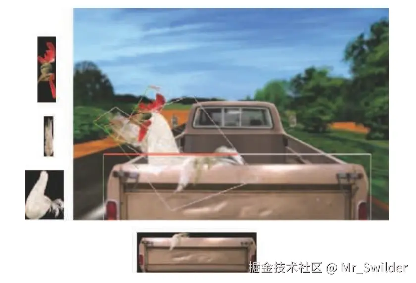 图13.3：动画《Chicken Crossing》的一帧画面，使用Talisman模拟器进行渲染。在这个场景中，使用了80层sprite，其中一些被突出显示在左侧。由于鸡翅一部分位于后挡板的前面，一部分位于后挡板的后面，因此二者被放置在了独立的sprite。