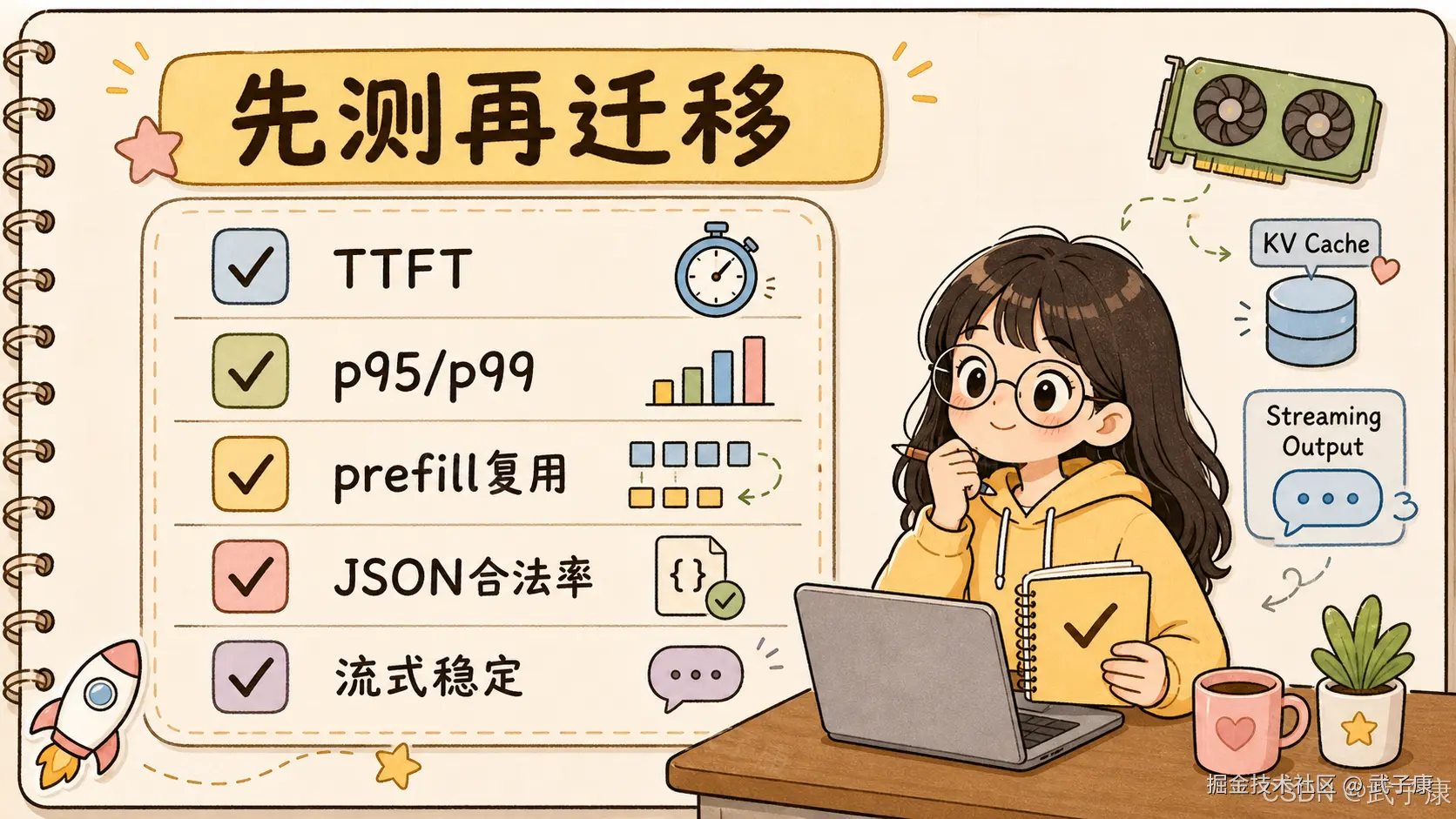 先测再迁移：迁移前必查 TTFT、p95/p99、prefill 复用、JSON 合法率、流式稳定性