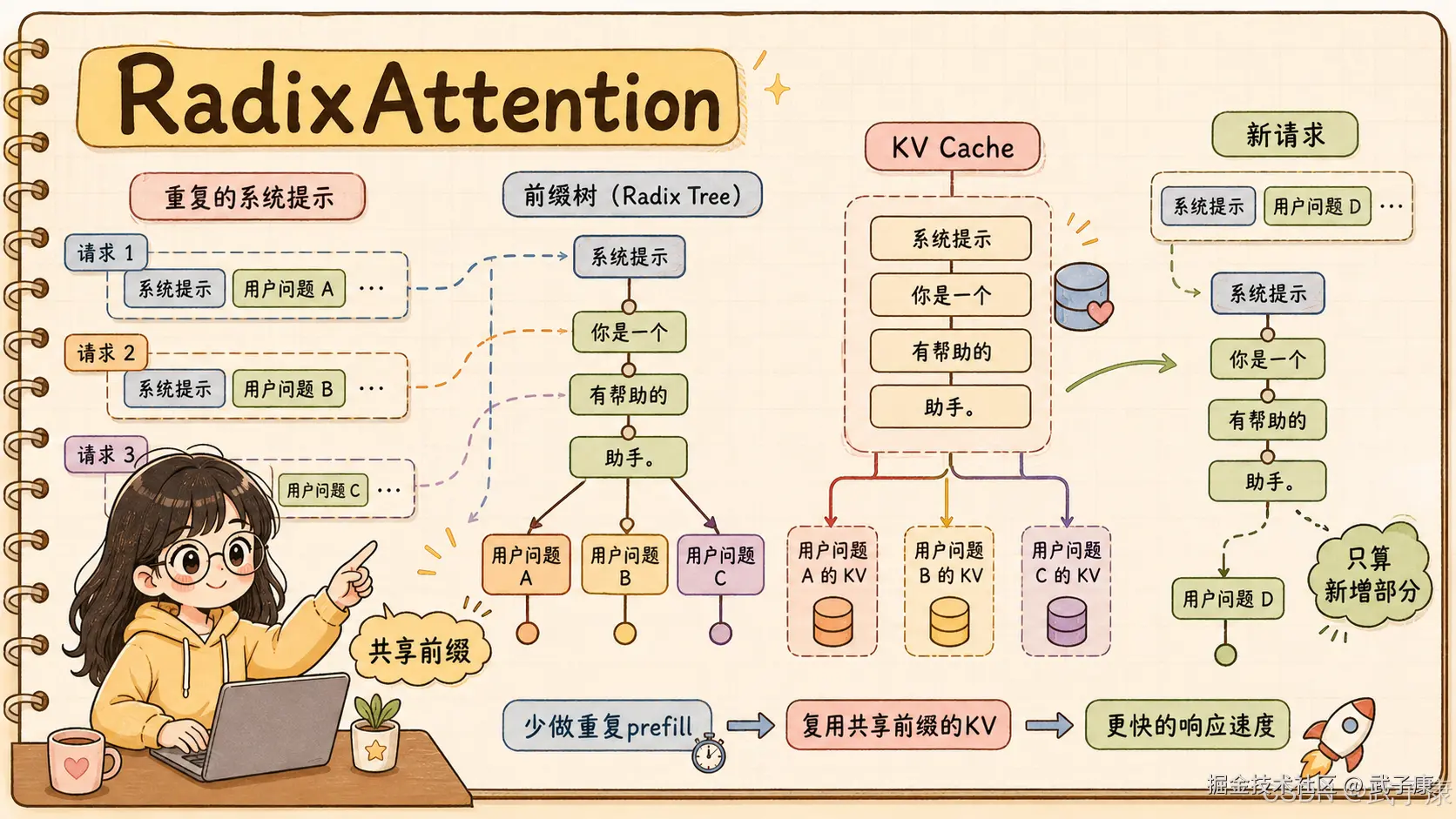 RadixAttention 工作流程：左侧多个请求共享系统提示 → 中间 radix tree 组织前缀 → 右侧新请求只计算新增部分