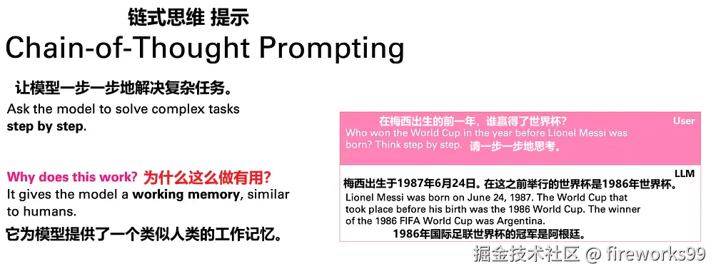 链式思维为 LLM 提供了一种工作记忆，可以大大提高他们的工作效率，尤其是在完成更复杂的任务时。