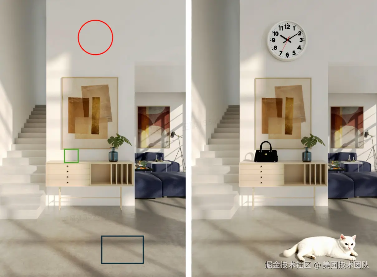 prompt：在红色圈添加一个白色的钟表，绿色框添加黑色的手提包，黑色框添加一只白色的猫