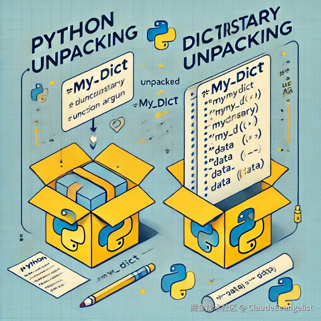 DALL·E 2024-09-20 23.19.44 - An infographic-style illustration of Python dictionary unpacking. It should show two scenarios_ one with a Python function and a dictionary being unpa.webp