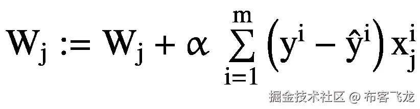 {\mathrm{W}}_{\mathrm{j}}:= {\mathrm{W}}_{\mathrm{j}}+\upalpha\ \sum \limits_{\mathrm{i}=1}^{\mathrm{m}}\left({\mathrm{y}}^{\mathrm{i}}-{\hat{\mathrm{y}}}^{\mathrm{i}}\right){\mathrm{x}}_{\mathrm{j}}^{\mathrm{i}}