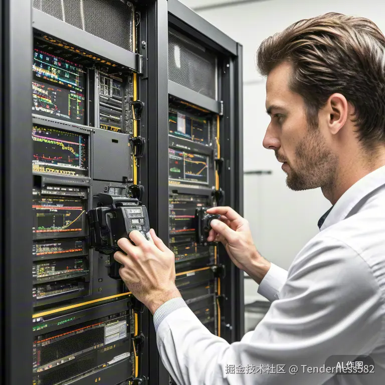 技术专家正在使用专业设备对企业服务器机柜进行渗透测试，仪表盘显示复杂数据流