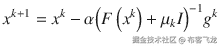 {x}^{k+1}={x}^k-\alpha {\left( F\left({x}^k\right)+{\mu}_k I\right)}^{-1}{g}^k