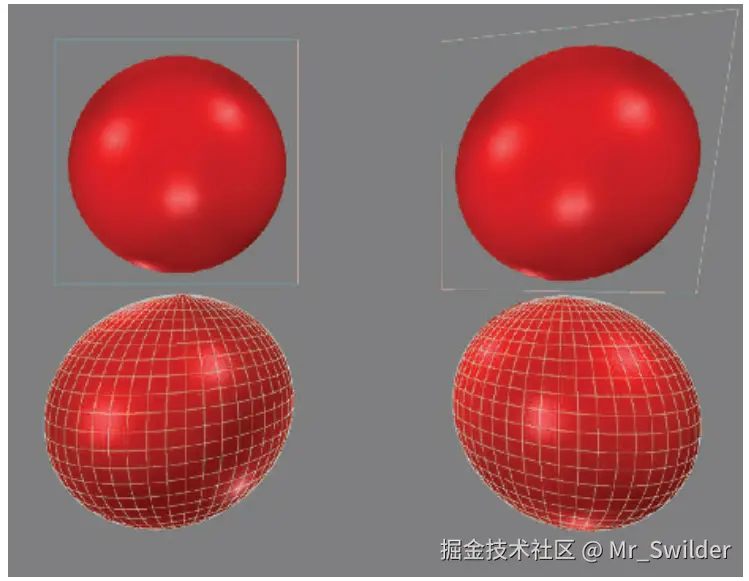 图13.6：使用一个较宽的视场角来观察四个球体。左上角是一个球体的广告牌纹理，使用了视平面对齐方式。右上角的广告牌是面向视点的。下面一行则展示两个场景中的真实球体。
