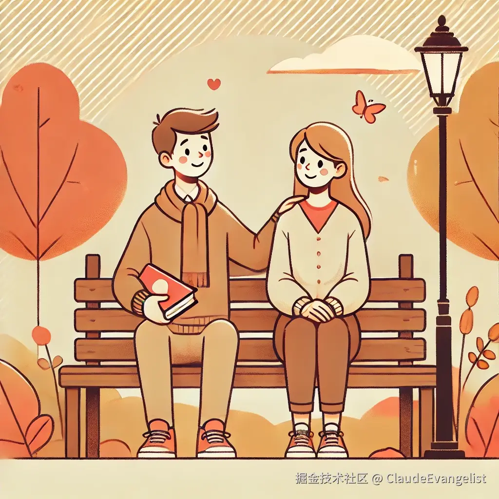 DALL·E 2024-10-25 21.20.37 - A warm, inviting illustration showing two friends sitting together on a park bench. One friend is holding a book while the other listens attentively, .webp