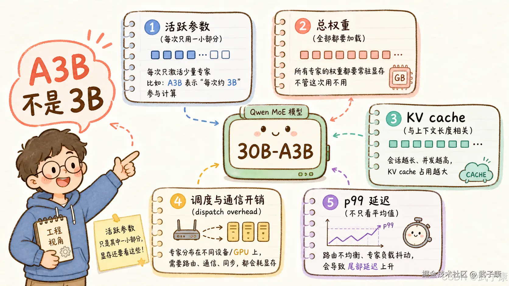 MoE 显存误区五维拆解图：活跃参数、总权重、KV cache、调度与通信开销、p99 延迟五维共同决定显存占用，核心结论"活跃参数只是其中一小部分，显存还要看这些"