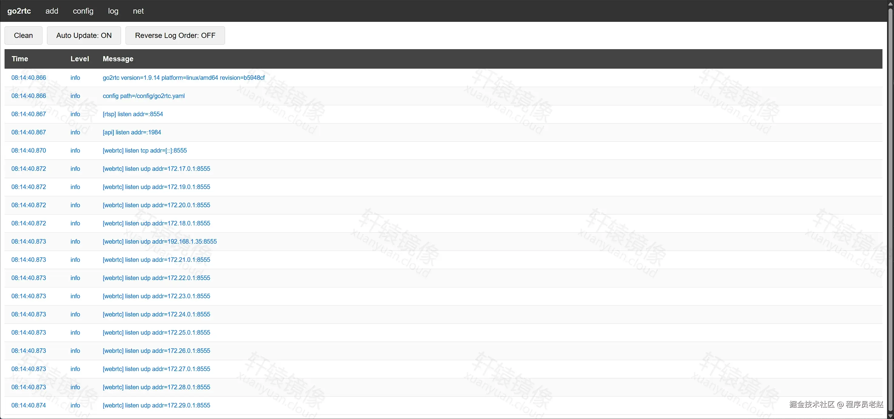 go2rtc WebUI 日志页：version 1.9.14，api :1984、rtsp :8554、webrtc 含 192.168.1.35:8555