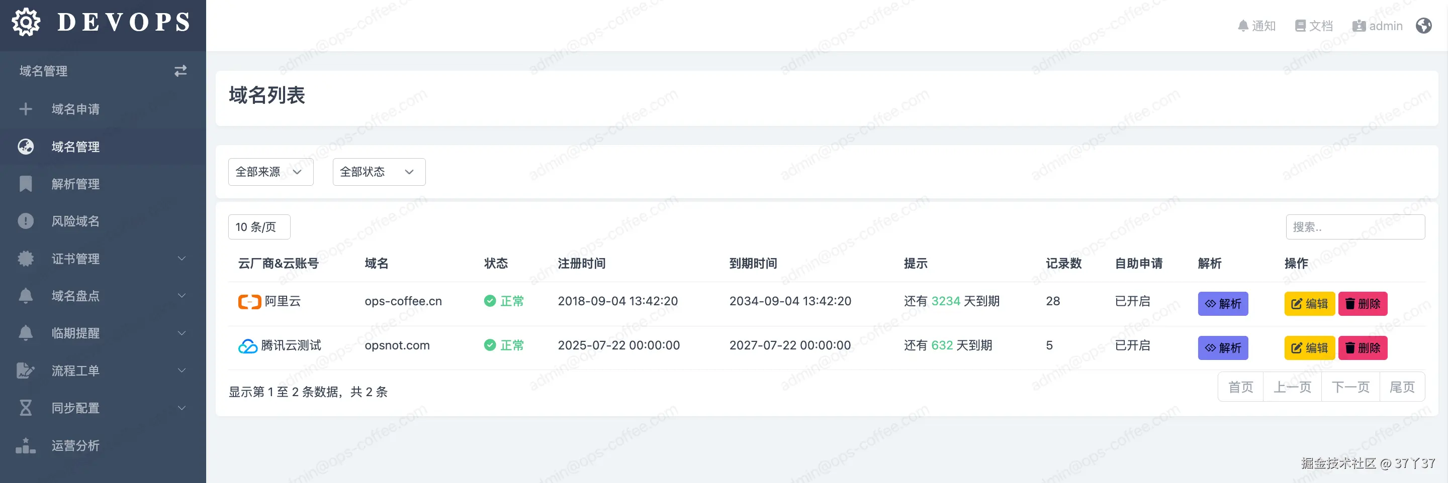 域名列表页面截图，展示多来源的域名