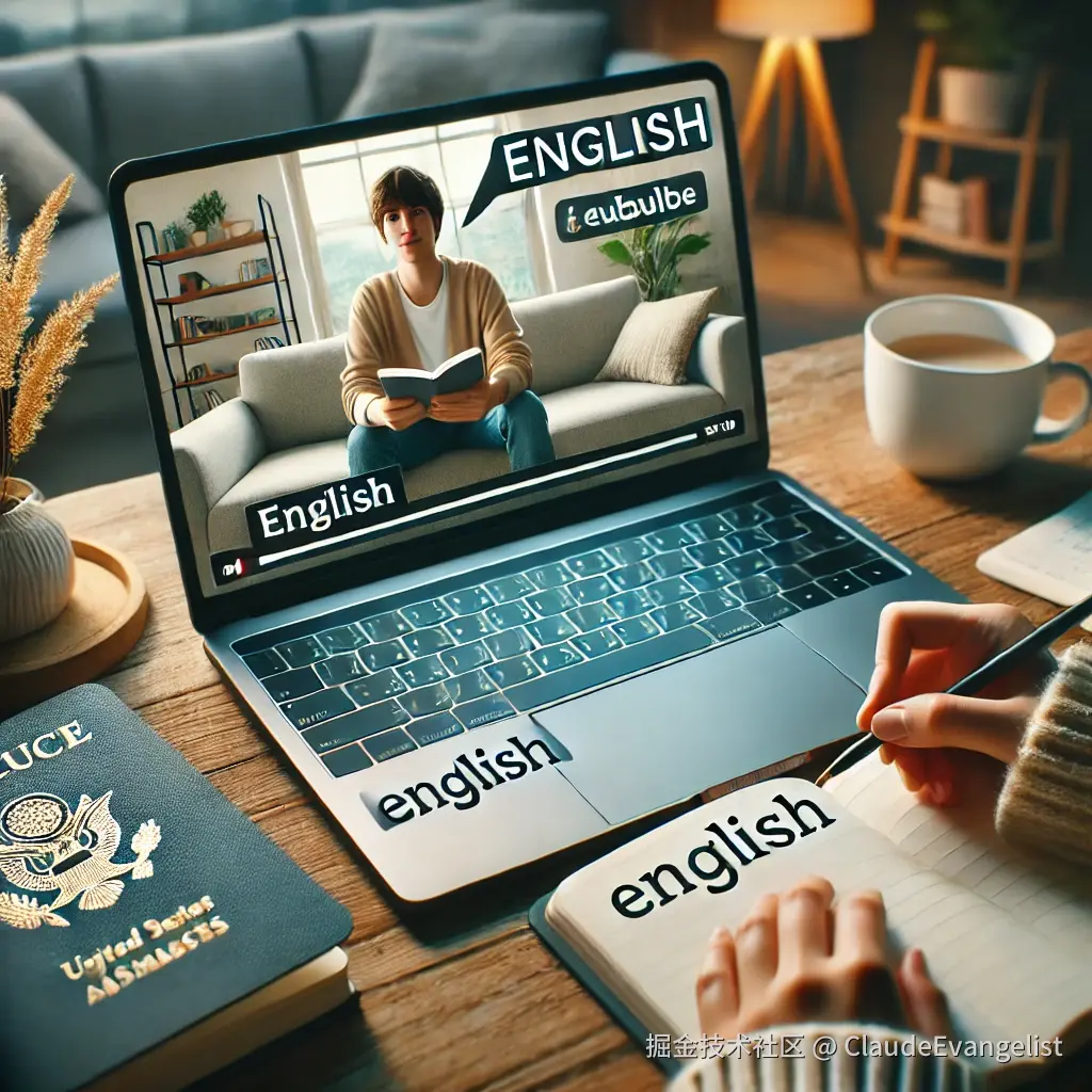 DALL·E 2024-12-25 20.05.57 - A visually engaging illustration showing a person watching an English video on a laptop with subtitles turned on. The setting is a cozy, modern living.webp