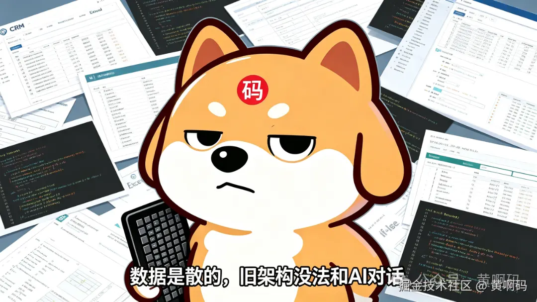 jimeng-2026-05-31-1609-黄啊码柴犬，双眼睁开，无奈吐槽表情，背景展示散落的CRM、工单系统Excel数据....png