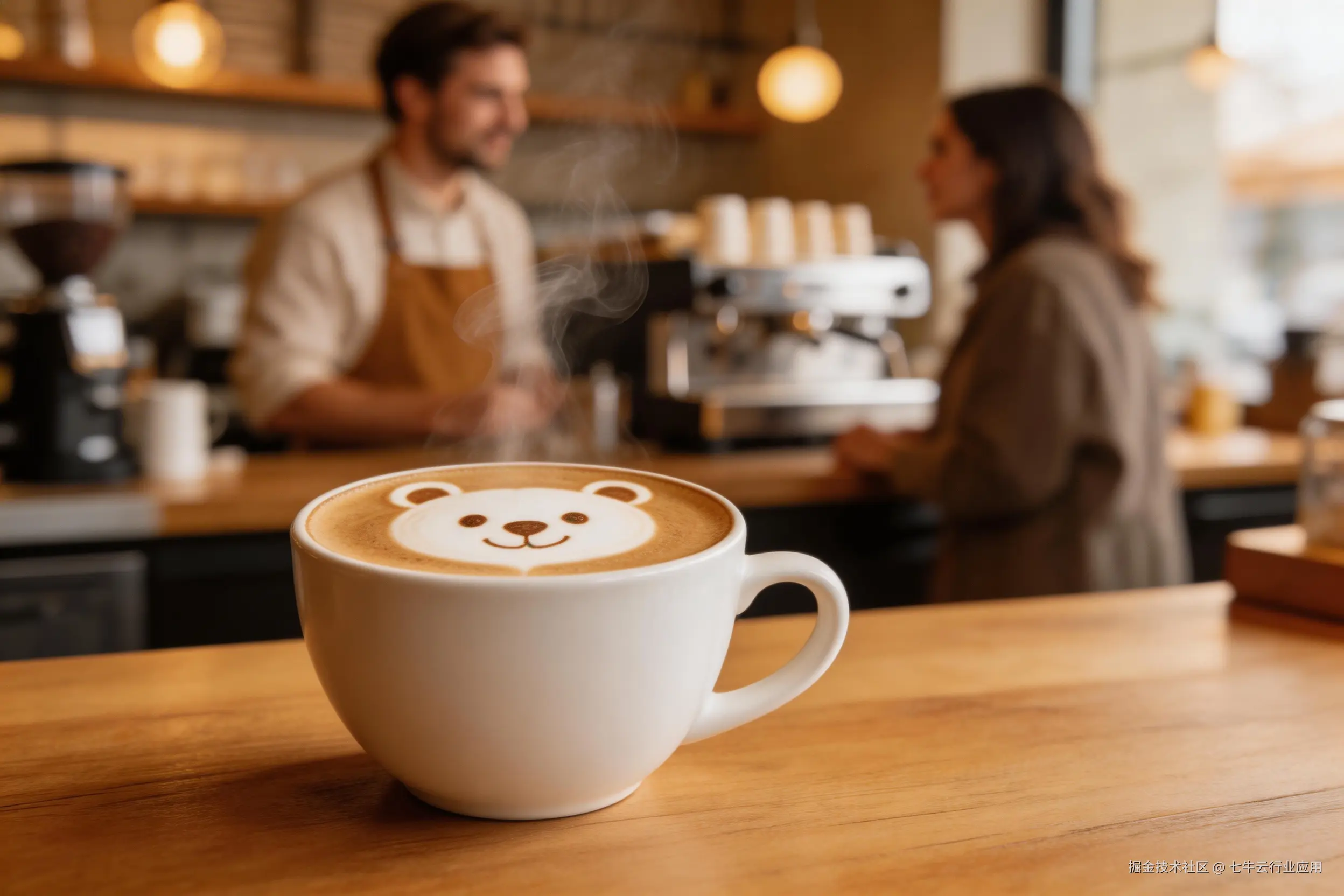 jimeng-2026-03-03-8075-咖啡馆吧台场景特写，带有小熊微笑拉花的拿铁置于木桌，热气氤氲，背景是咖啡师与顾客....png