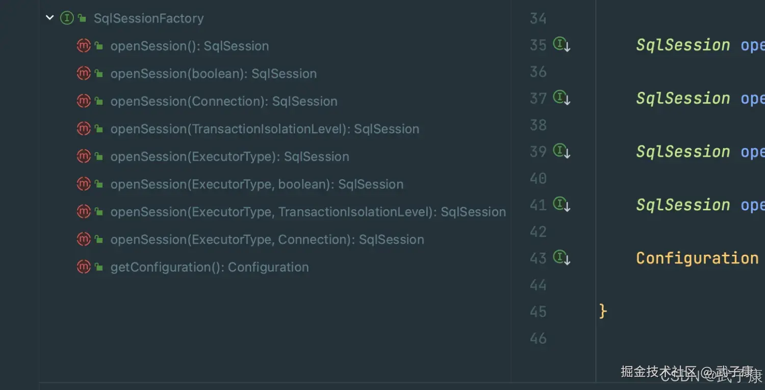 SqlSessionFactory 接口方法定义 IDE 截图