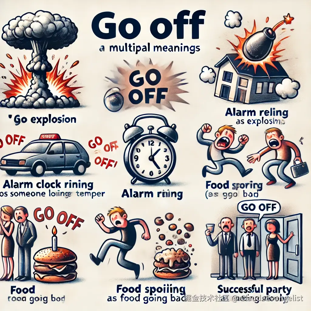 DALL·E 2024-11-30 16.23.30 - A conceptual illustration showing the multiple meanings of the phrasal verb 'go off'. The illustration includes_ 1) a bomb exploding to represent 'go .webp