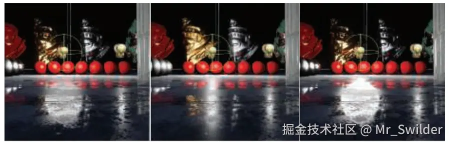 图10.9：球形光照。从左至右分别是：使用数值积分方法计算出来参考结果、粗糙度修正技术、代表性点技术。