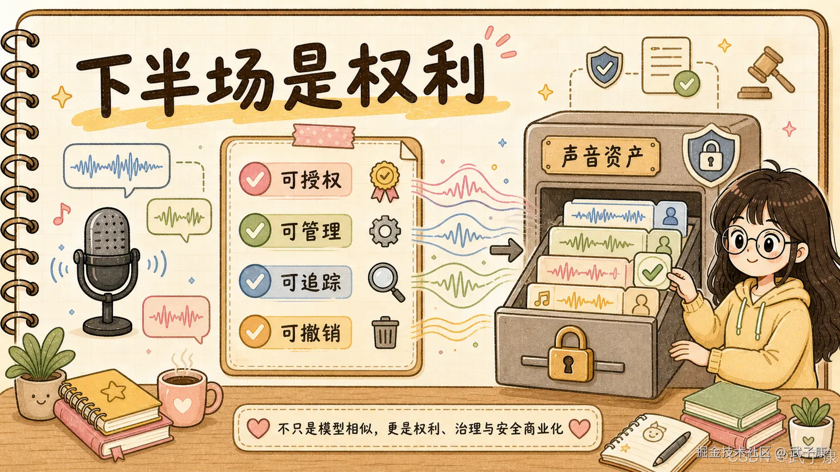 手绘笔记本风格信息图《下半场是权利》：标题"下半场是权利"；中央四色清单「可授权（粉）✓ · 可管理（绿）✓ · 可追踪（蓝）✓ · 可撤销（橙）✓」；中间一台灰色铁皮保险柜标着"声音资产"，金锁 + 盾牌，里面的资产袋里装着声波和文件夹；左侧一支大麦克风，粉/蓝/绿/橙的声波线穿过场景；右侧戴眼镜的黄色卫衣长发女孩站在保险柜旁；右上角悬浮法槌和文档纸片，象征法律治理；底部横幅"不只是模型相似，更是权利、治理与安全商业化"；右下角水印"CSDN @武子康"