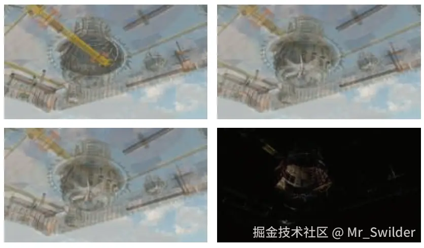 图5.36：左上角执行的是传统的、从后向前的alpha混合，由于错误的排序顺序，会导致渲染出错。右上角使用了A-buffer，给出了一个完美的，非交互式的结果。左下角使用了多层alpha混合的渲染结果。右下角展示了A-buffer和多层alpha混合之间的差异，为了便于观察，将结果颜色放大了四倍 [1532] 。