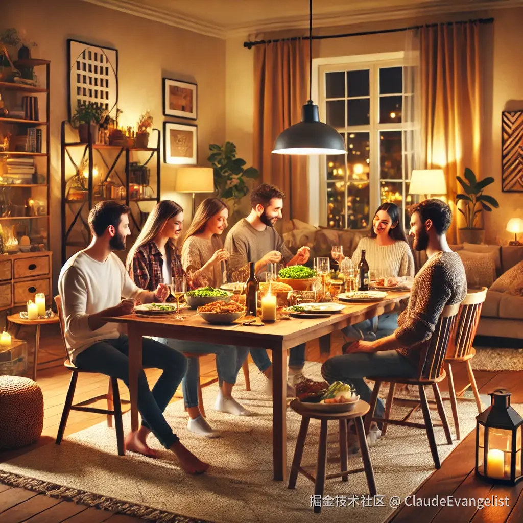 DALL·E 2024-11-21 00.13.27 - A cozy living room scene showing a group of friends enjoying dinner together, with warm lighting and a welcoming atmosphere. A family-sized dining tab.webp