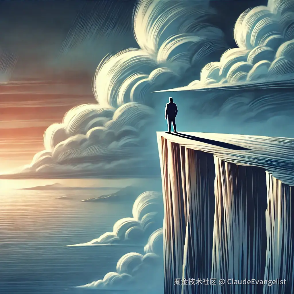 DALL·E 2024-12-01 19.50.55 - A conceptual illustration showing a person standing at the edge of a cliff, looking out over a vast ocean. The cliff represents a literal edge, while .webp