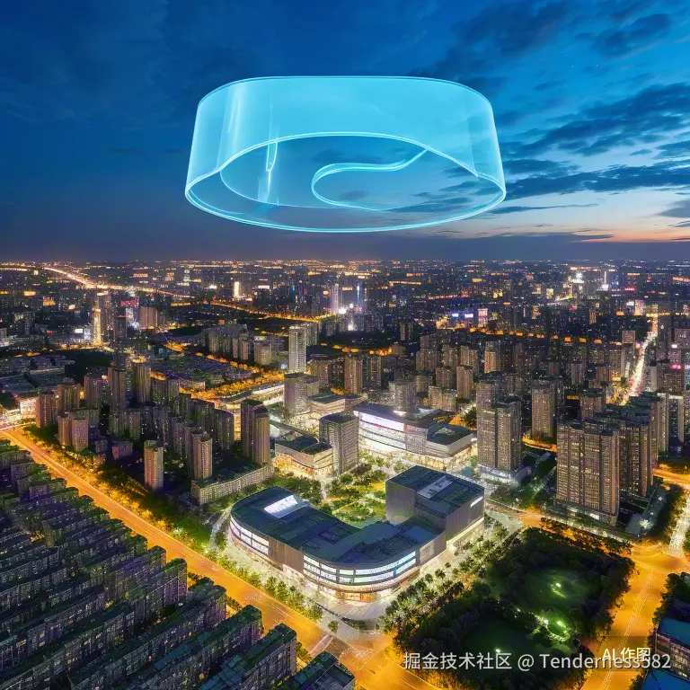 南阳城市天际线夜景，叠加象征安全防护的蓝色透明防护罩动态效果，守护着下方繁荣的商业区