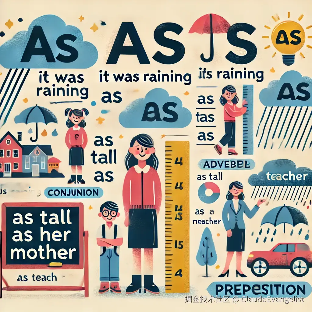 DALL·E 2024-12-26 17.16.08 - An educational illustration showing the word 'as' in different contexts of English grammar usage. The image should include a visual breakdown of its u.webp