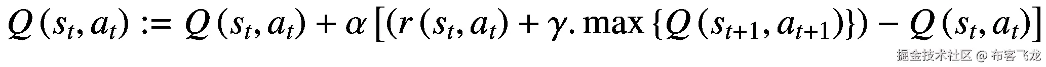 Q\left({s}_t,{a}_t\right):= Q\left({s}_t,{a}_t\right)+\alpha \left[\left(r\left({s}_t,{a}_t\right)+\gamma .\max \left\{Q\left({s}_{t+1},{a}_{t+1}\right)\right\}\right)-Q\left({s}_t,{a}_t\right)\right]