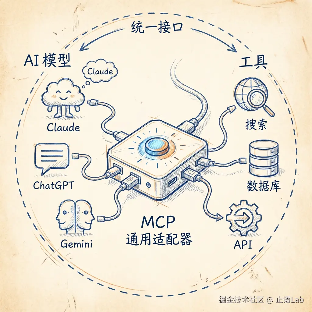 MCP 统一接口：多种 AI 模型通过 MCP 连接多种工具，一次构建到处运行