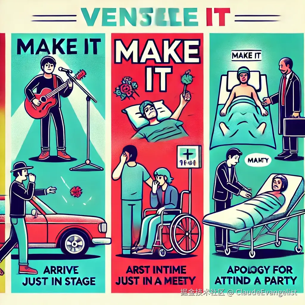 DALL·E 2024-08-28 21.10.43 - An illustration showing a versatile phrase 'make it' in different scenarios_ a musician performing successfully on stage, a person arriving just in ti.webp
