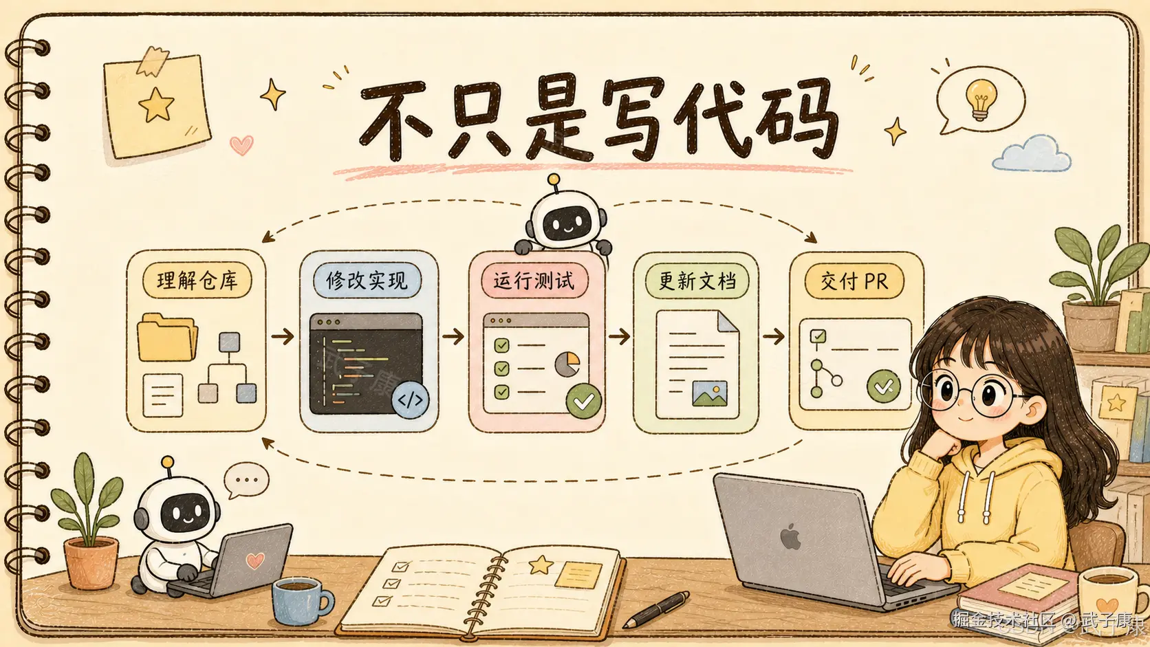 不只是写代码：五步开发工作流（理解仓库 → 修改实现 → 运行测试 → 更新文档 → 交付 PR）+ 戴眼镜黄色卫衣女孩在用 MacBook