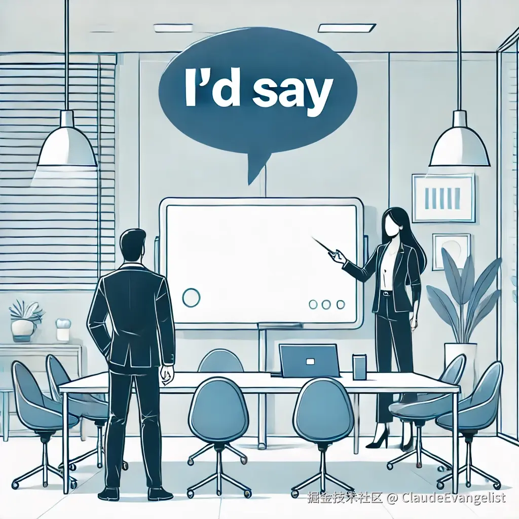 DALL·E 2024-11-30 10.36.53 - A clean, professional illustration showing a person giving a presentation with a speech bubble containing the phrase 'I’d say'. The setting is a moder.webp