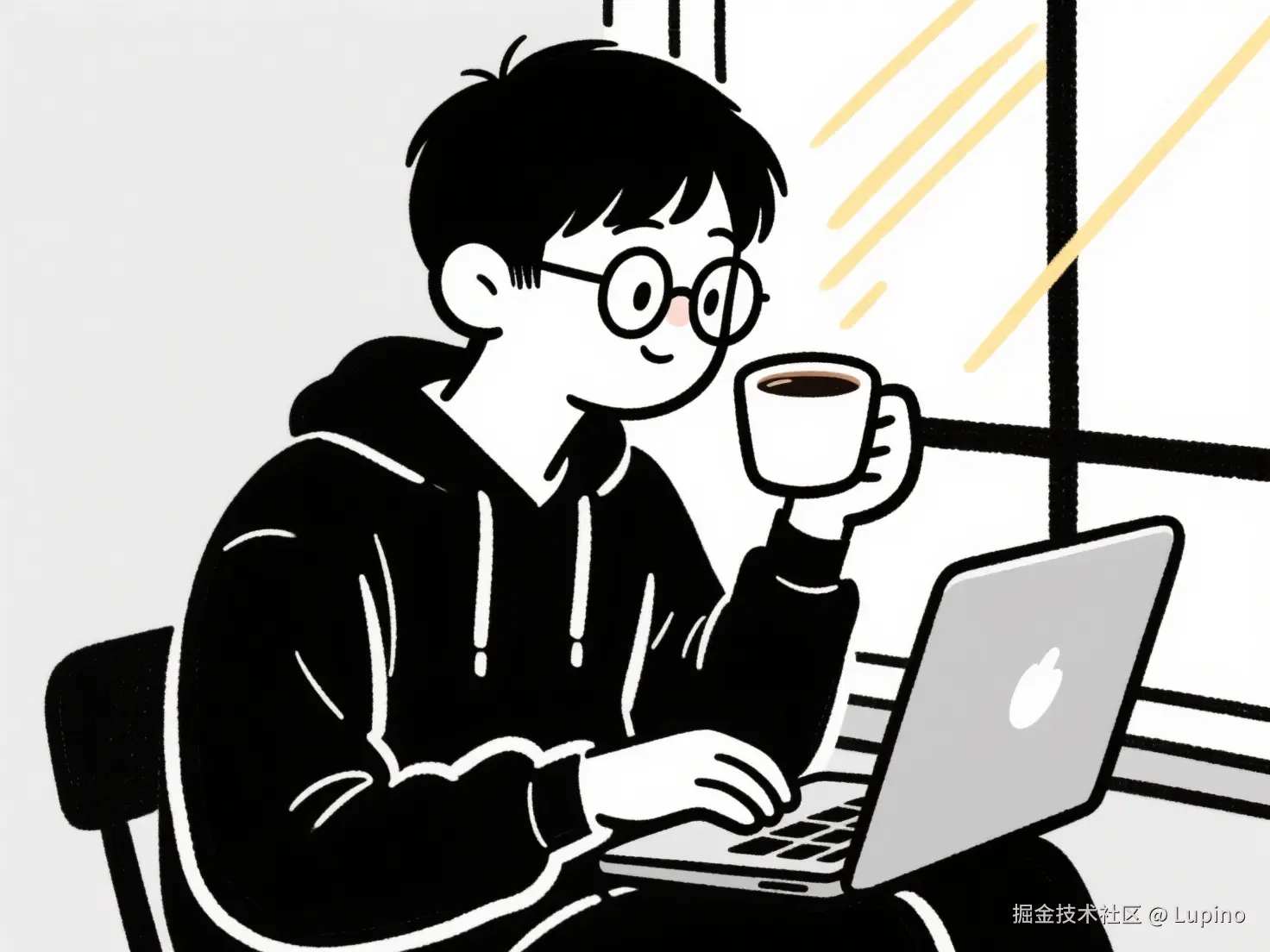 中景, 简笔博主(中国年轻男性，短发，圆框眼镜，休闲卫衣，瘦削体型)合上笔记本电脑，端起咖啡杯，窗外20260309561.jpeg