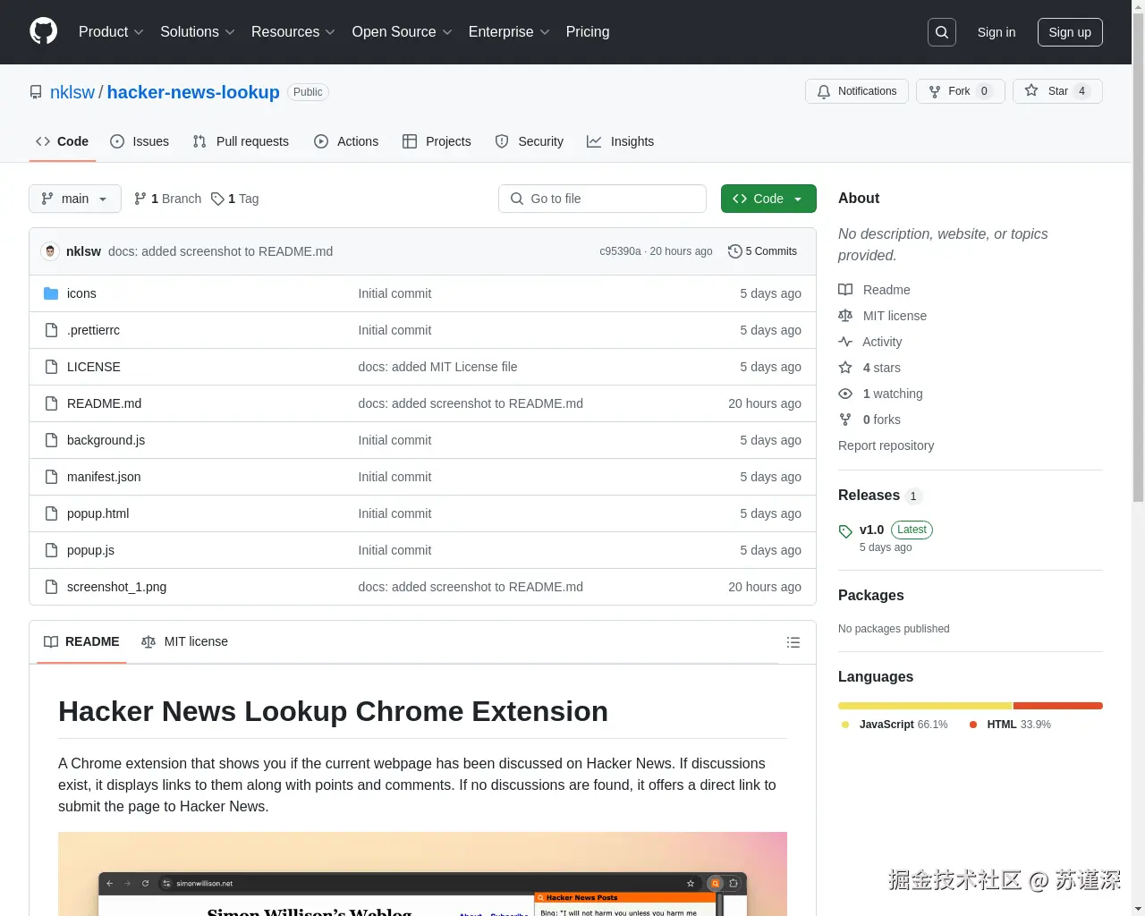 Show HN: Chrome扩展程序 – 在浏览网站时查看HN是否讨论过该网站 - 项目截图