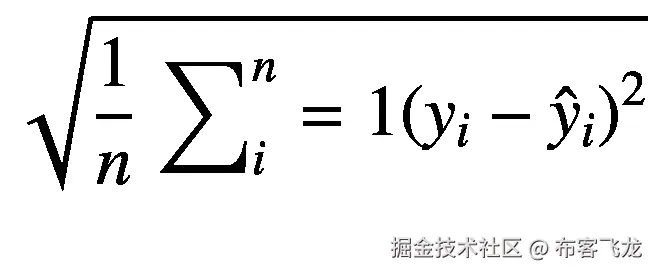 \sqrt{\frac{1}{n}\;{\sum}_i^n=1{\left({y}_i-{\hat{y}}_i\right)}²}