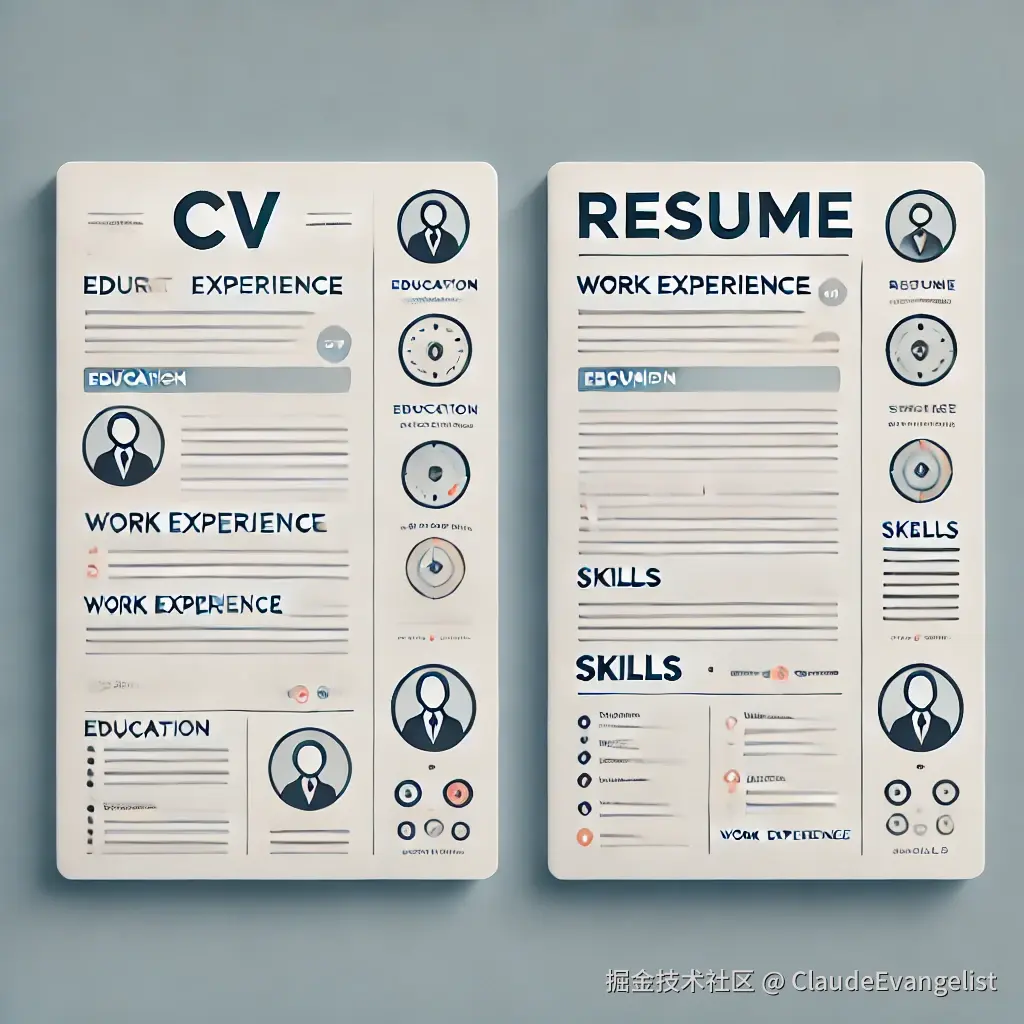 DALL·E 2024-09-21 16.00.48 - A professional, clean design showing two documents side by side. One document is labeled 'CV' and looks detailed with multiple sections like education.webp