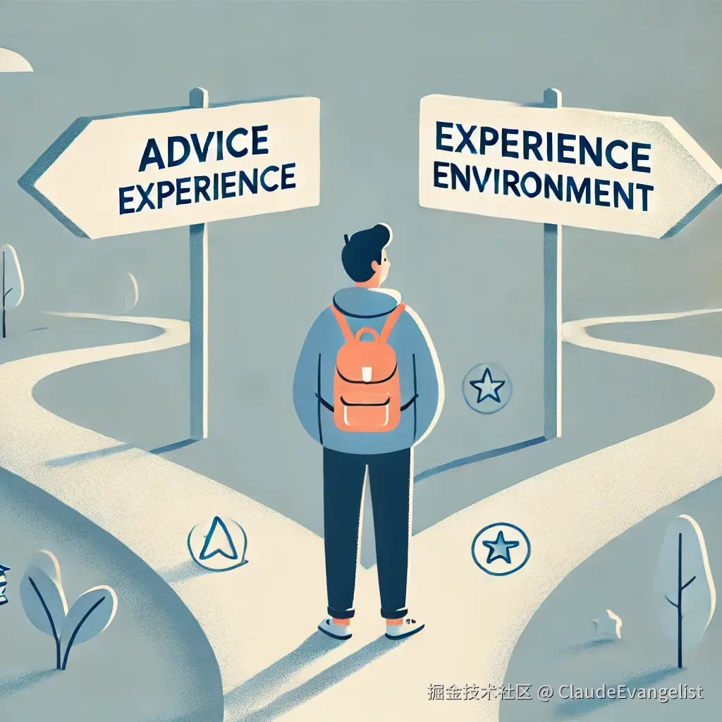 DALL·E 2024-11-12 23.30.18 - An illustration showing a character standing in front of two paths, symbolizing decision-making, with icons representing different factors influencing.webp