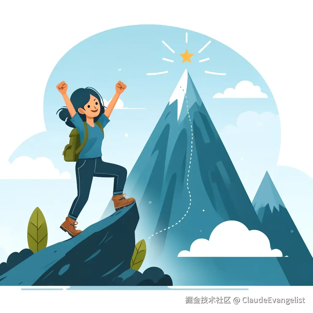 DALL·E 2024-11-10 23.15.17 - An illustration showing a person looking relieved and happy after successfully climbing a steep mountain, representing overcoming challenges. In the b.webp