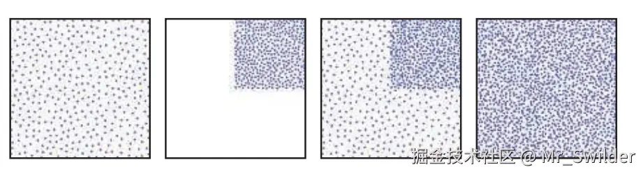 图13.23：分层点云。第一幅图展示的根节点，它包含了从子节点数据中提取的稀疏子集。第二幅图展示了一个子节点中所包含的点；第三幅图是根节点与该子节点一起显示的结果，请注意子节点区域是如何被填充的。第四幅图则是完整的点云，它包含了根节点和所有的子节点。 [1583, 12]