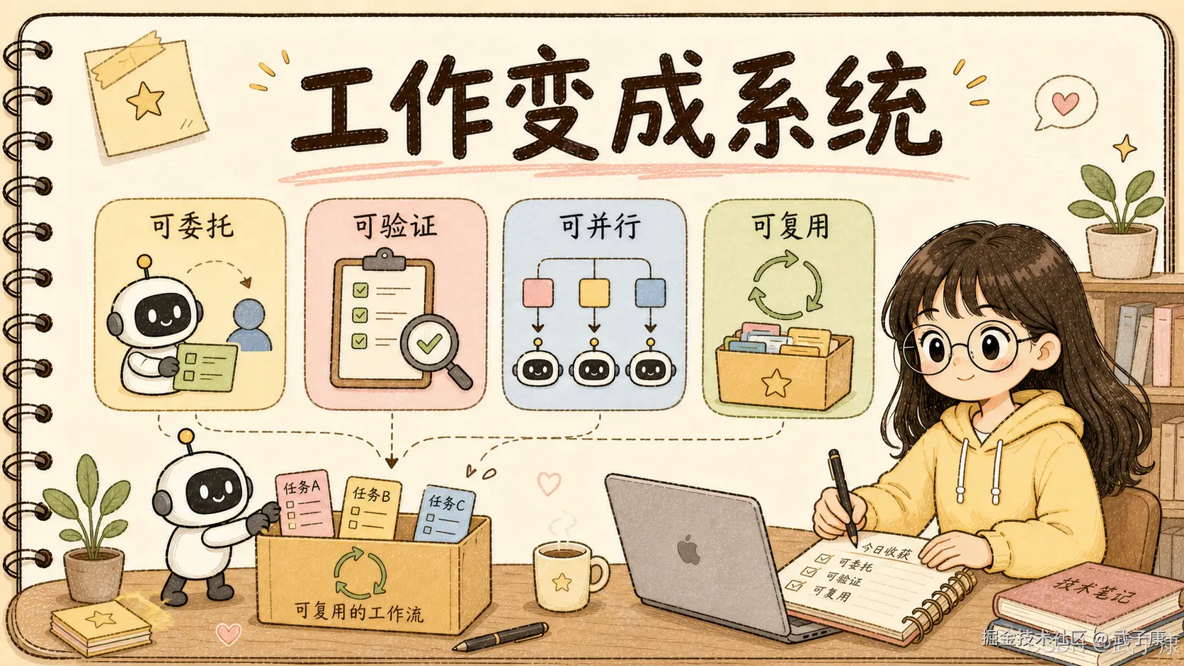 工作变成系统：四个核心原则（可委托 / 可验证 / 可并行 / 可复用）+ 戴眼镜黄色卫衣女孩把任务卡 A/B/C 收入"可复用工作流"箱中