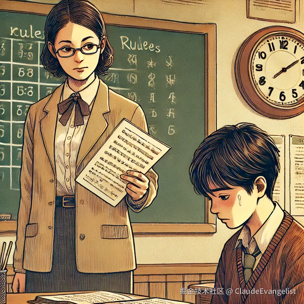 DALL·E 2024-10-24 21.01.50 - A detailed illustration showing a classroom scene where a teacher is holding a student's homework with a disappointed expression, while the student lo.webp