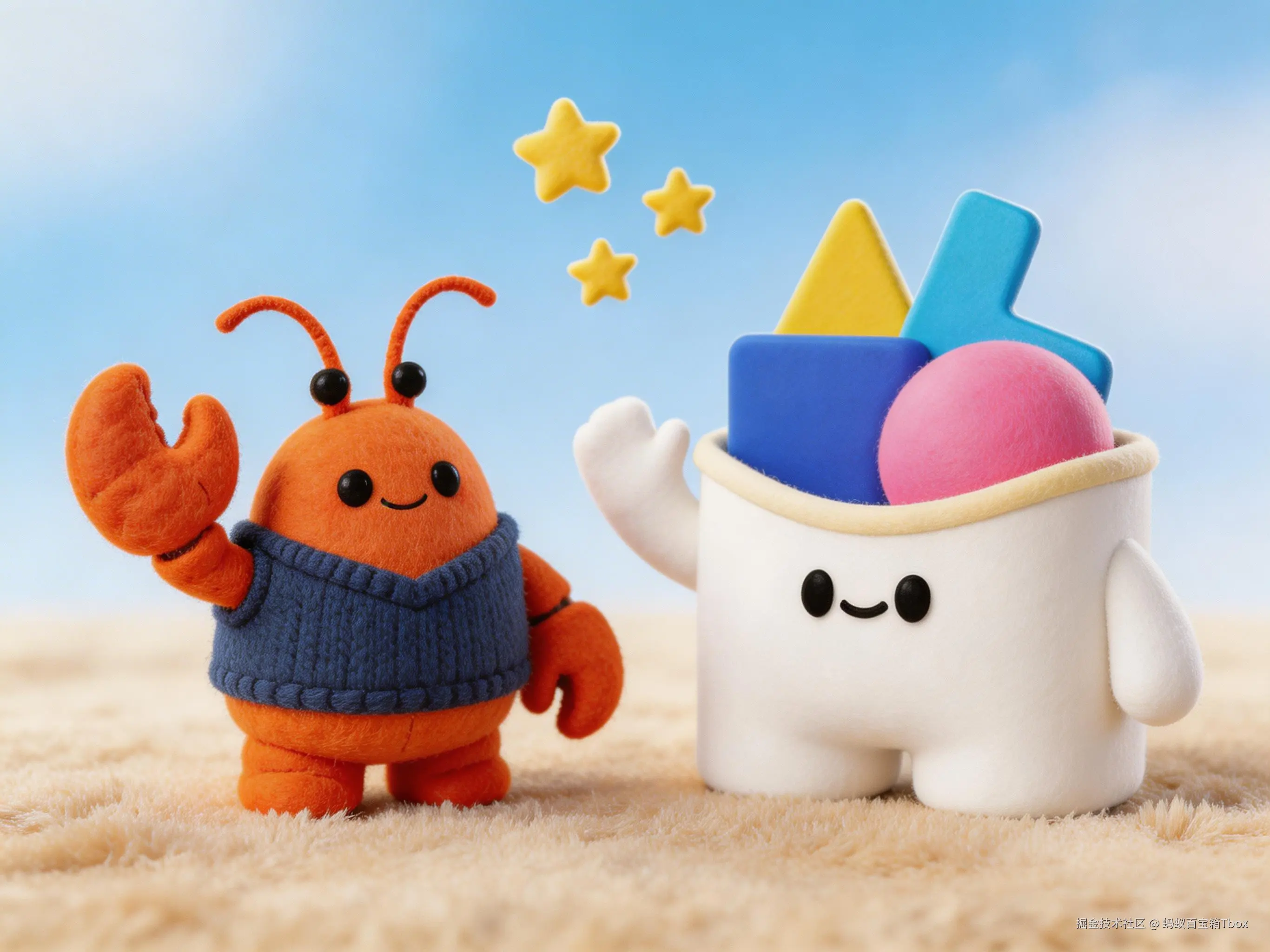 主题为卡通玩偶风格的儿童插画，采用竖版构图，背景为渐变蓝白色虚化景深与浅色毛绒地面；主体为一只穿毛衣背心的橙色龙虾与一只蚂蚁百宝箱ip，二者并肩站立，龙虾左钳抬起，百宝箱ip右臂挥手，两者之间有三颗黄色星星贴纸浮于上方；文字无；色彩以橙色、蓝色、黑为主，情绪活泼可爱、童趣温馨，技法为毛毡质感与软萌造型设计 ，百宝箱ip严格按照我给你的例图.jpg